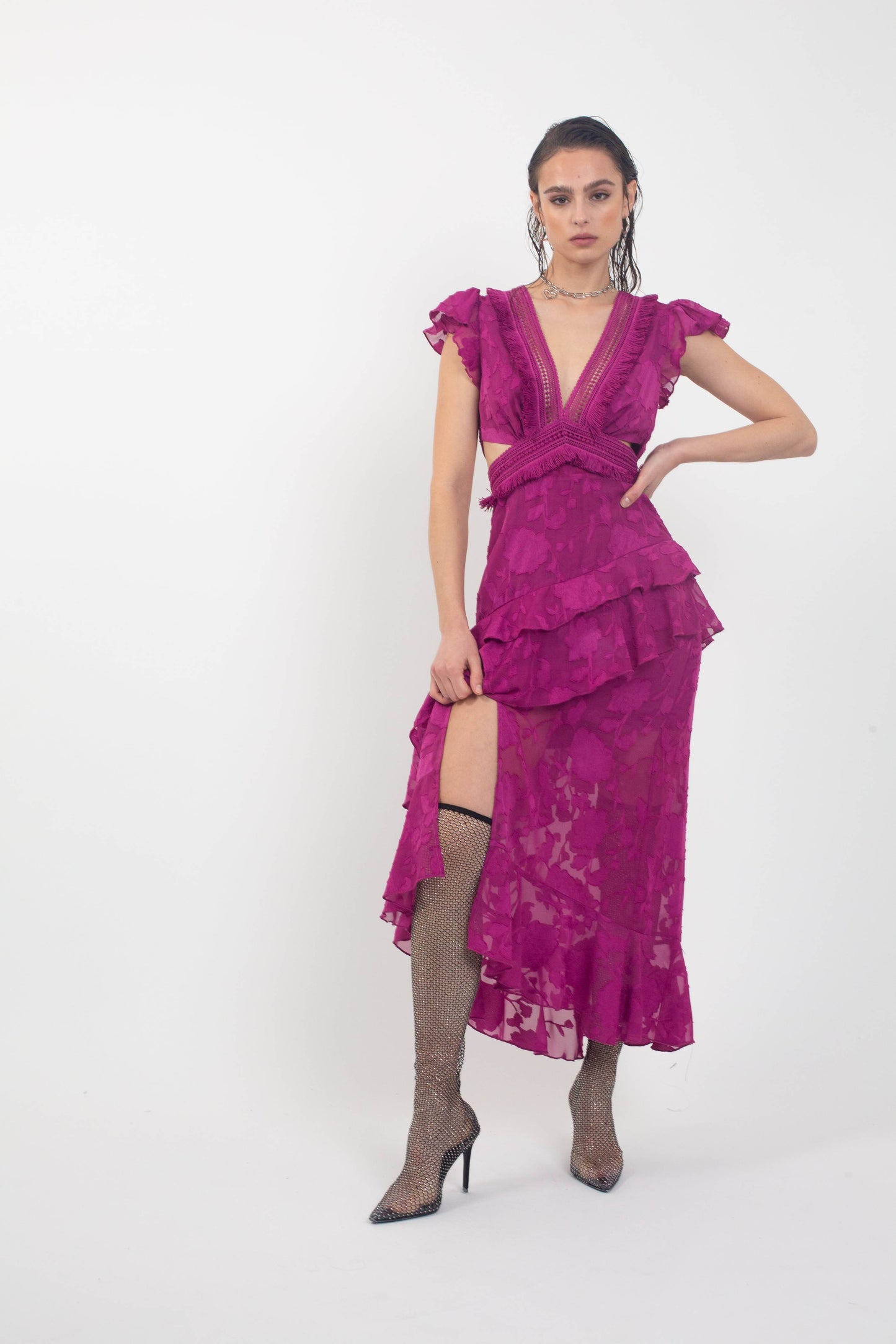 'Libra' Ruffled Pink Maxi Dress