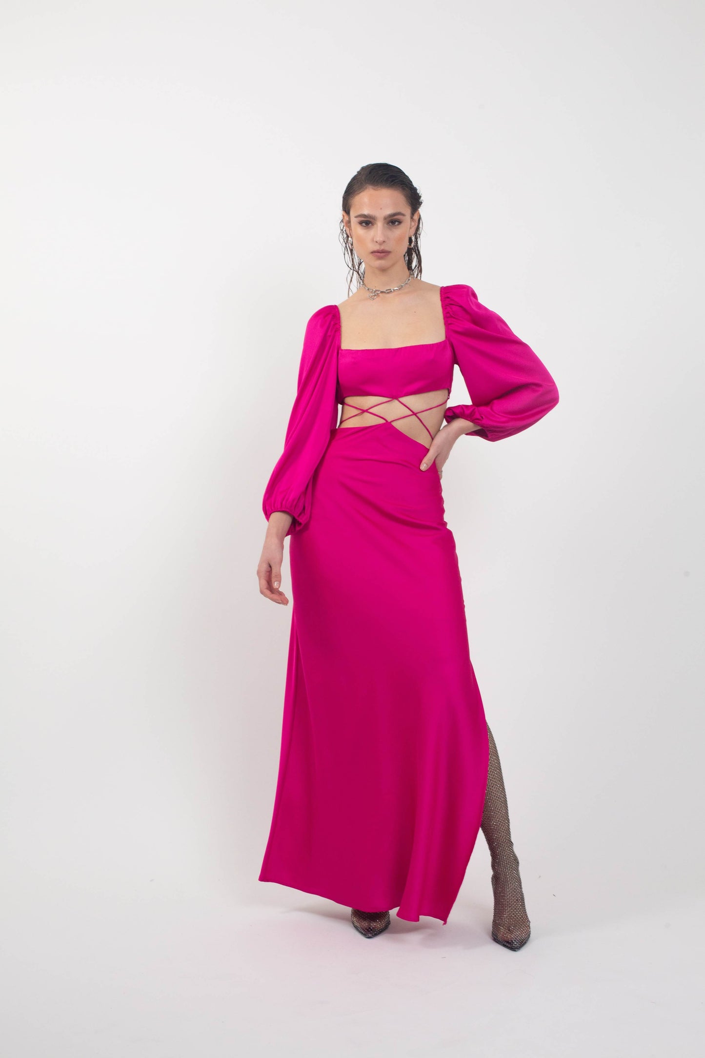 'Capricorn' Long Sleeve Pink Maxi Dress